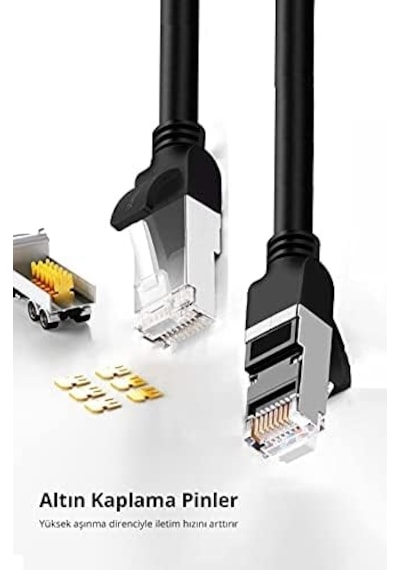 Cat6 Saf Bakır Metal Konnektör Ethernet Kablosu Siyah 1 Metre