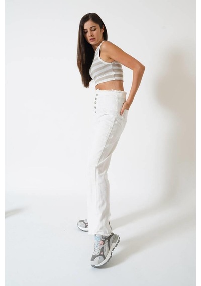 Ckm Moda Adrian Yüksek Kalite Kadın Yuvarlak Yaka Çizgili Crop Bluz Ekru