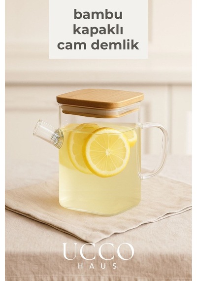 1 Litre Bambu Kapaklı Boroslikat Cam Demlik Sürahi Detox, Limonata, Bitki Çayı, Yağdanlık Mutfak Şeffaf