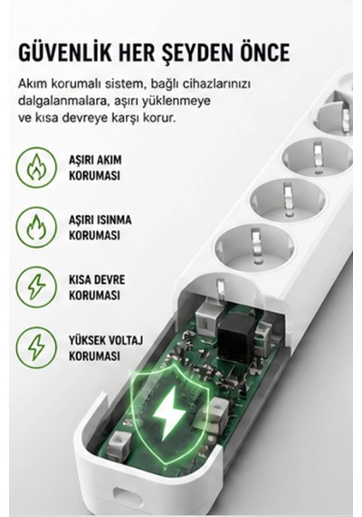 Akım Korumalı 5 Li Çoklu Priz 2500w Güçlü Uzun Kablolu Güvenli Kullanım 2 M