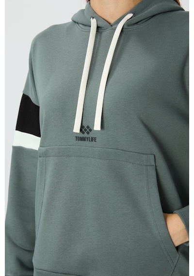 Tommy Life Haki Kompakt Pamuklu Kalın Pürüzsüz Dokulu Kapüşonlu Oversize Fit Kadın Sweatshirt - 97290 Haki