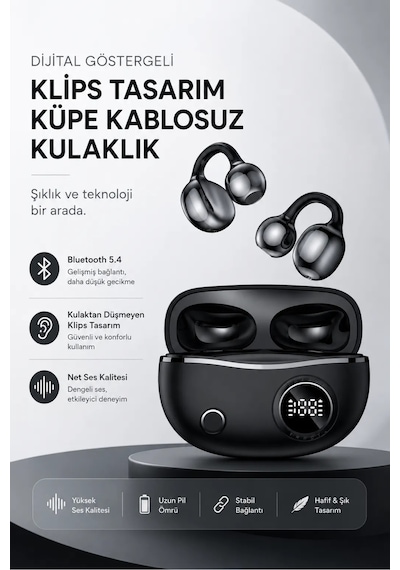 2026 Yeni Kablosuz Müzik Kulaklığı Klips Küpe Spor Bluetooh Kulaklık Siyah - 878910424