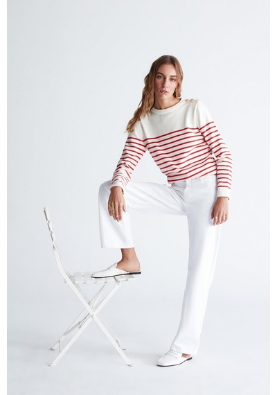 Styleboom X Peraluna Audrey Pullover Omzu Düğmeli Çizgili Organik Pamuk Mevsimlik Kadın Triko Kazak Ekru/kırmızı-ekru Ekru