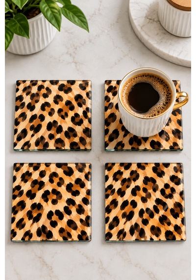 Gökçeoğlu Cam Bardak Altlığı Leopar Temalı 4'lü Takım 10cm X 10cm Çok Renkli