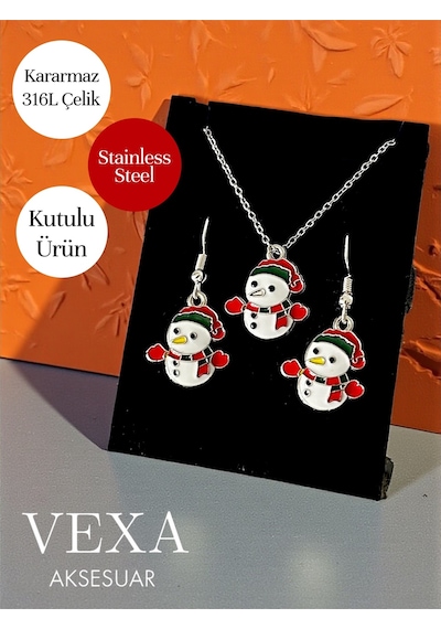 Yılbaşı Kardan Adam 316l Çelik Kolye Küpe Seti Hediyelik Kutulu Gümüş
