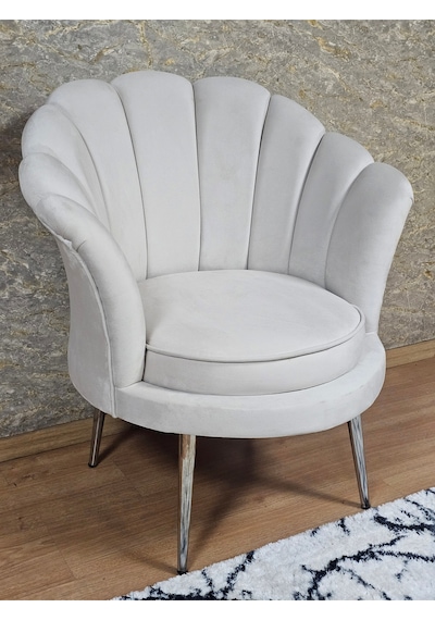 Zafir Tekli İstiridye Krom Kaplama Sivriltme Ayak Çay Seti Koltuk Tekli Berjer , Balkon, Salon, Ofis Krem