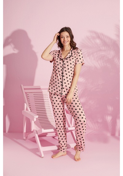Medinenur Mini Kalpler Desenli Viskon Örme Kısa Kol Düğmeli Pijama Takımı Pembe