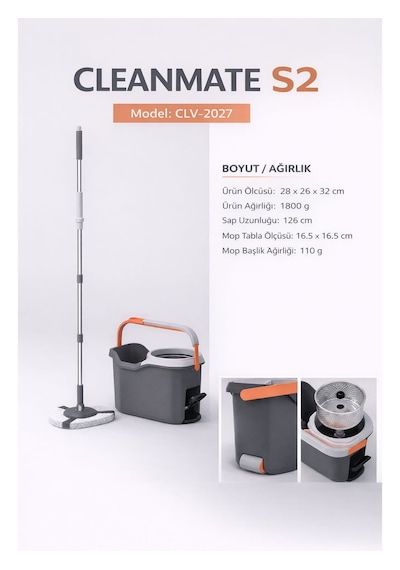 Cleova Cleanmate S2 Pedallı Mop Temizlik Seti Tekerlekli Kova Çıkarılabilir Çelik Sepet