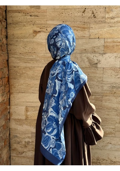 Qalortex Scarf Pamuklu Mimoza Desen Şal- Lacivert
