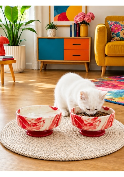 Mama Kabı Kedi Ve Köpek Ayaklı 2 Li Seramik Doğal Mama Ve Su Kabı Kırmızı Marble