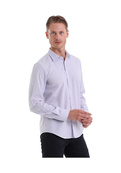Hatemoğlu Lila Ç. Comfort Fit Çizgili Pamuklu Slim Yaka Uzun Kollu Spor Göm Lila