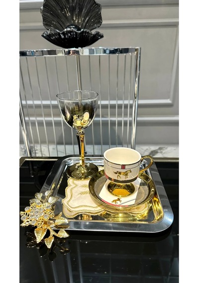 6 Lı Kare Kahve Çay Tek Kişilik Metal Sunum Tepsi Gümüş