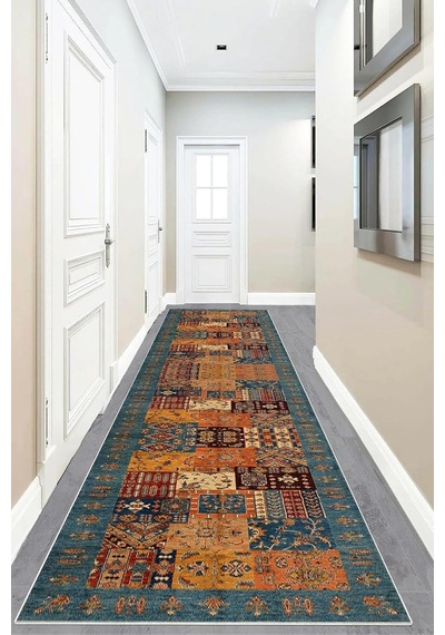 Pelangi Kırkyama Patchwork Kilim Desenli Etnik Dijital Baskı Yıkanabilir Modern Salon Halı Ve Yolluk, Kahverengi - M Çok Renkli