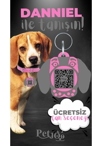 Petjoo 21.Danniel Gri-Pembe Qr'lı Köpek Künyesi