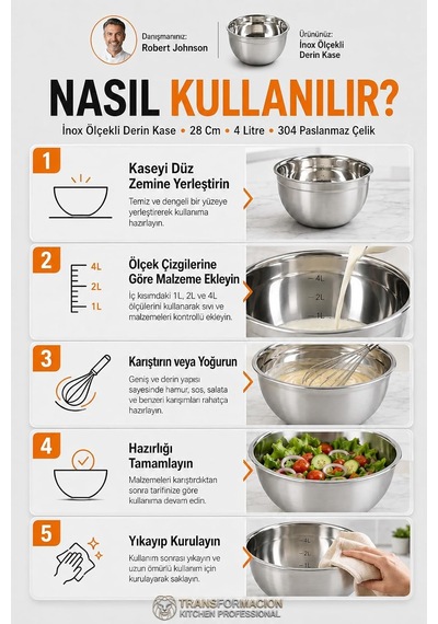 Transformacion Inox Ölçekli Derin Kase - 28 Cm 4 Litre Karıştırma Kabı Profesyonel 304 Paslanmaz Çelik 721844 Diğer