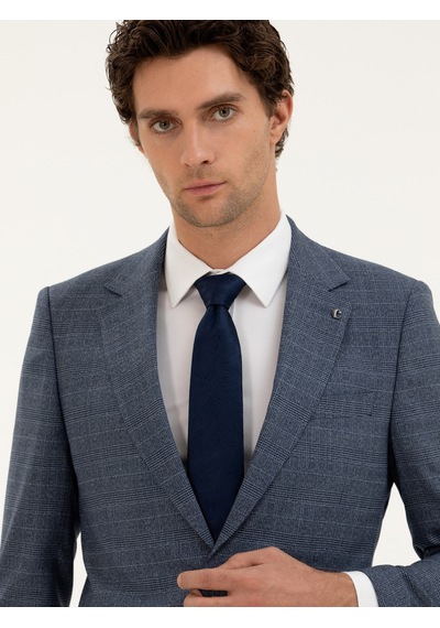 Cacharel Mavi Slim Fit Kareli Takım Elbise