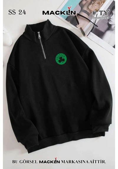 Macklin Unisex Kadın Erkek Cltic Baskılı Yarım Fermuarlı Dik Yaka Basic Sweatshirt Siyah Mck2533 Siyah