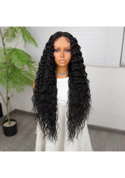 Ekstra Uzun Yoğun Afro Dalga Siyah Fiber Sentetik Geniş T Tül Peruk