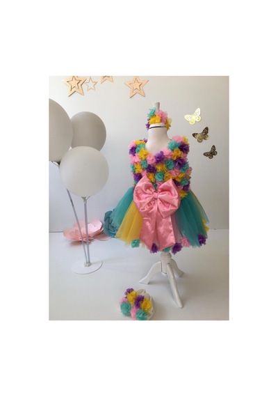 Hayy Baby Kids Wear Renkli Tüllü Çiçekli Tütü Elbise Lila Yeşil Pembe Sarı