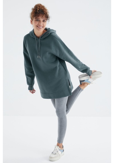 Tommy Life Orman Yeşili Reglan Kol Basic Kapüşonlu Oversize Sweatshirt Tunik - 97242 Orman Yeşili
