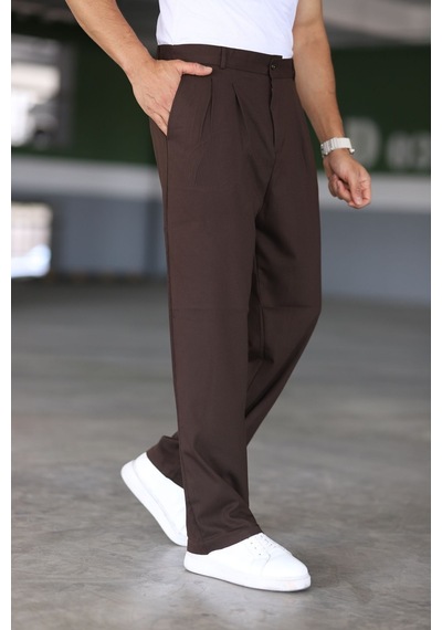 Bürke Baggy Çift Pileli Kahverengi Renk Beli Lastikli Kaliteli Rahat Kesim Klasik Bol Paça Baggy Pantolon