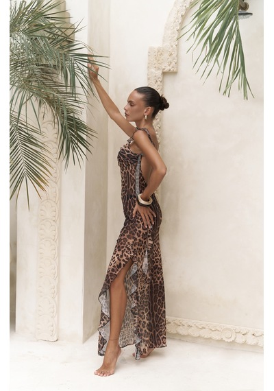 Mai Collection Mai Studios Co. Magi Fırfır Detay Leopar Uzun Elbise Leopar Desenlı