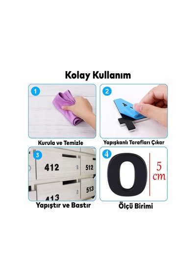 Yapışkanlı Kapı Numarası Küçük Boy 50 Mm 5 Cm Numara 0 Rakam Sıfır Sayı Siyah Renk Numaralar 1 Adet Diğer