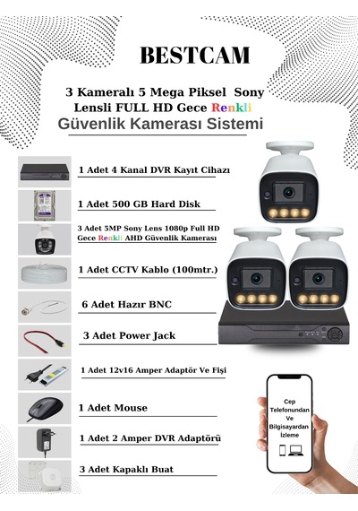 3 Kameralı Set 5 Mp Sony Lensli Full Hd Gece Renkli Set 500gb Hdd