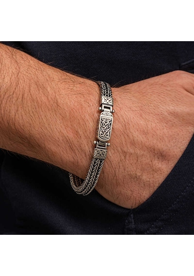 Premium 925 Ayar İthal Gümüş Oksitli Desenli Erkek Bileklik - 19 Cm