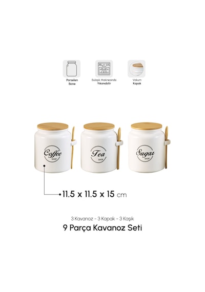 Modern 3'lü Kaşıklı Kavanoz Seti Bone Porselen Vakum Kapaklı Saklama Kabı Beyaz