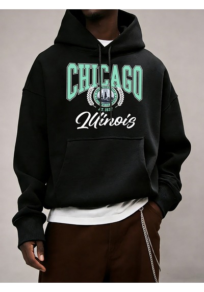 Startmore Startmorechicago Luinois At 1837 Desen Erkekler Kapüşonlular Cep Retro Kazaklar Rahat Hip Hop Uzun Kol Siyah