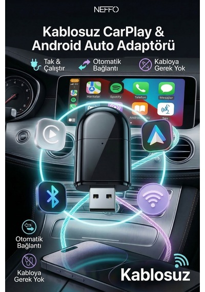 2 Si 1 Arada Carplay & Android Auto Adaptörü Tak Çalıştır Kablosuz Ekran Yansıtma, Otomatik Bağlantı Diğer