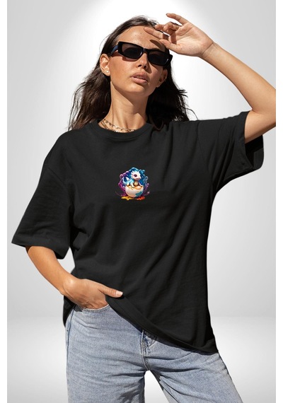 Sevimli Bebek Ejderha Elmas Yumurta Siyah Oversize Unisex Ön Orta Minimal Baskılı Tişört Siyah