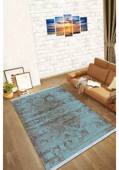 Mavi Modern Dokuma Pamuk Tabanlı Kaymaz Kilim Klm012n11