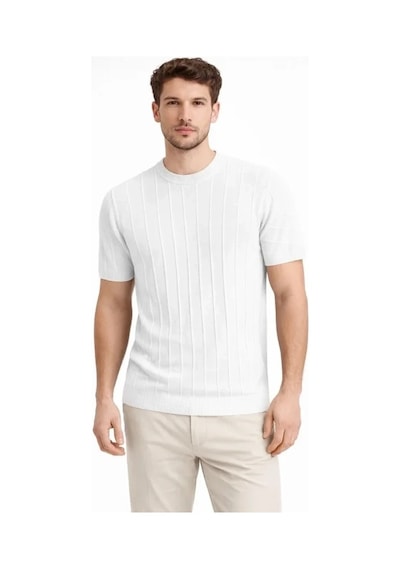 Vexor Erkek Yazlık Fitilli Triko Tişört Kısa Kol Bisiklet Yaka T-shirt - Beyaz