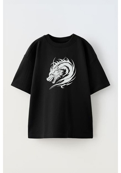 Thewert Unisex Dragon Cizim Japon Ejder Tasarım Baskılı Pamuk Sıyah Oversize T-shirt Siyah