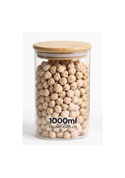 Vakumlu Bambu Kapaklı Borosilikat Cam Kavanoz Seti - 6'lı 1000 Ml Erzak Saklama Kabı 10x15 Cm Şeffaf