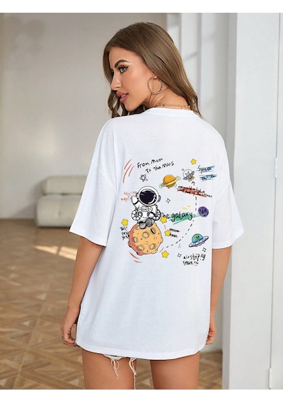 Unisex Galaksi Tasarım Basklı Tshirt Beyaz