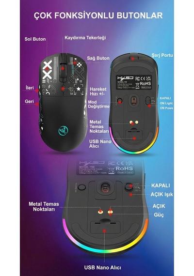T90 Pro 3 Modlu Kablosuz Oyuncu Mouse-rgb Şarj İstasyonu 650 Mah Batarya Diğer