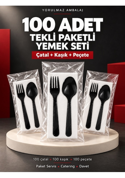 100 Adet Tekli Paketli Siyah Çatal Kaşık Peçete Yemek Seti Kullan At Paket Servis Ve Catering Seti