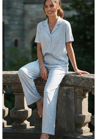 Relax Mode Kadın Nakış Desen Mavi Gömlek Pijama Takım - 26038r