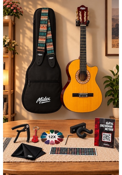 Midex CG-395YLX Klasik Gitar 4/4 Kesik Kasa Full Set (Çanta Askı Tuner Metod Pena)