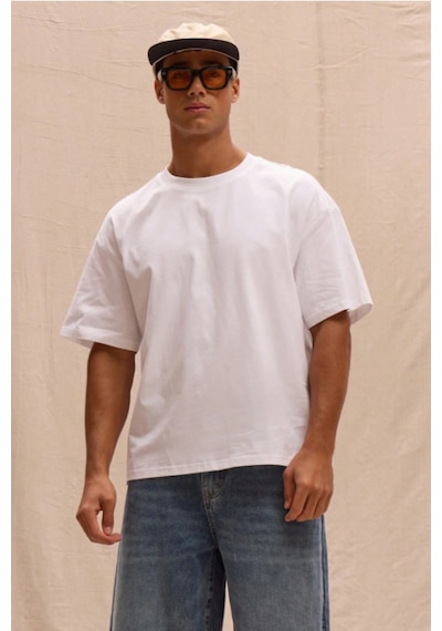 Erkek %100 Organik Pamuklu Kalın Dokulu Comfort Fit Bisiklet Yakalı T-shirt Beyaz