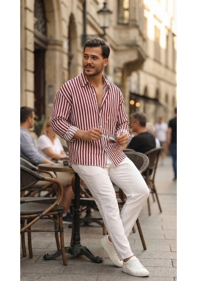 Valensdesign Erkek Dikey Çizgili Yarım Oversize Gömlek Bord