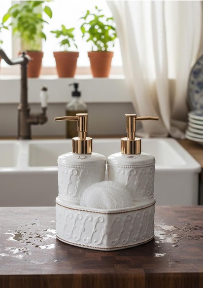 Mundo Porselen Sıvı Sabunluk Seti-2x300 Ml Kalpli Beyaz