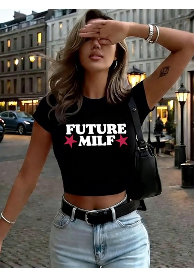 Noıssey Gelecek Milf Mektup Baskı Babby Teet-shirt Yaz Yumuşak Yüksek Elastik Üstler Y2k İnce Sokak Siyah
