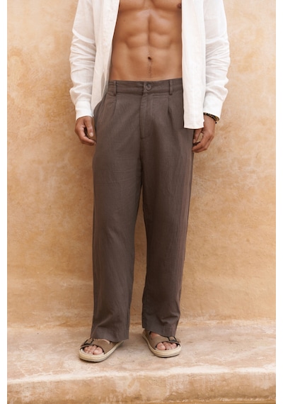 Mai Collection Mai Studios Co. Fyfaha Bol Paça Erkek Kahve Keten Pantolon Kahve