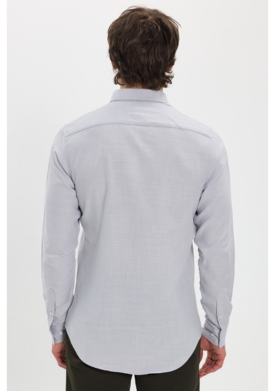 Tudors Erkek Slim Fit Dar Kesim %100 Pamuk Düğmeli Yaka Flam Keten Gri Gömlek-50272