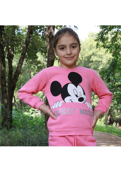 Milenawear by Milena Mickey Baskılı Bisiklet Yaka Kalın Kız Çocuk Alt Üst Takım Pembe