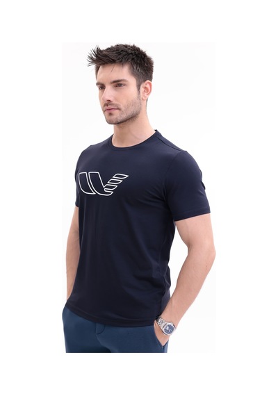 Rowinger 30/1 Süprem Kumaş Bisiklet Yaka Logo Baskılı Kısa Kollu Erkek Tişört Navyblue